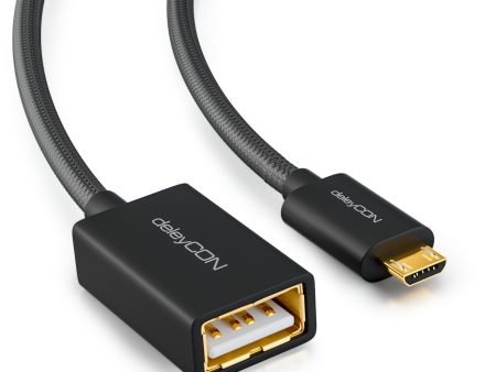 Deleycon 0, 1m Adaptador USB 2.0 OTG Cable Nylon + Metal Plug - Toma Micro USB a USB A Cable de Datos Smartphone y Tablet Conectar con Una Memoria USB - Negro Reacondicionado Sale