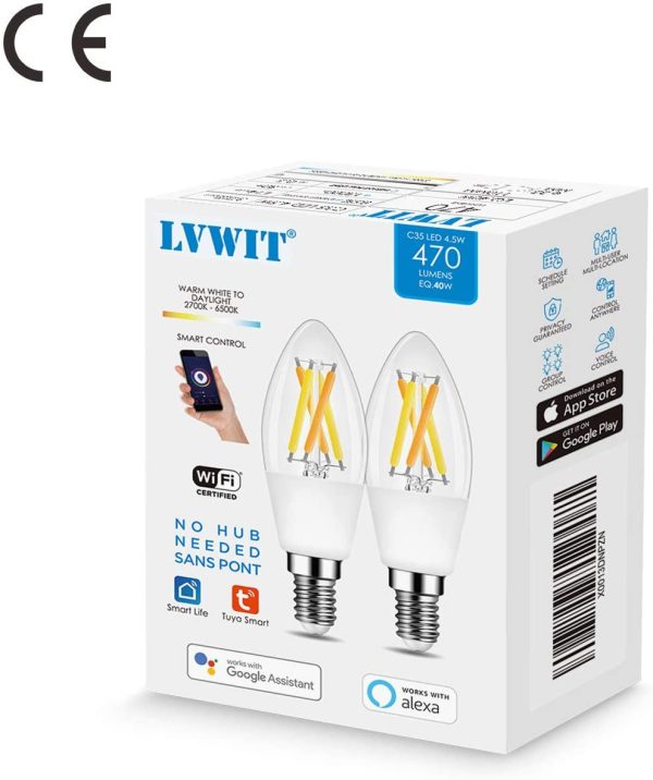 Lvwit Bombillas Inteligente LED Vela Filamento WiFi Regulable 4.5W 470 LM, Lámpara E14 Bombilla Funciona con Alexa, Google Home Assistant y App Smart Life Tuya, C35 Equivalente a 40W, 2 Pcs. Reacondicionado Online Hot Sale