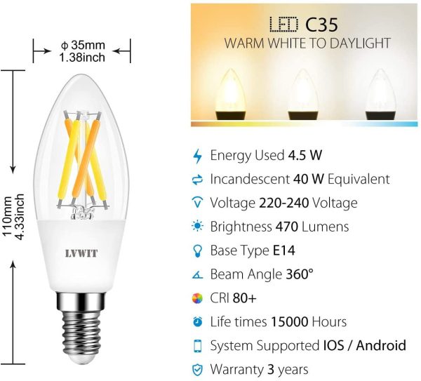 Lvwit Bombillas Inteligente LED Vela Filamento WiFi Regulable 4.5W 470 LM, Lámpara E14 Bombilla Funciona con Alexa, Google Home Assistant y App Smart Life Tuya, C35 Equivalente a 40W, 2 Pcs. Reacondicionado Online Hot Sale